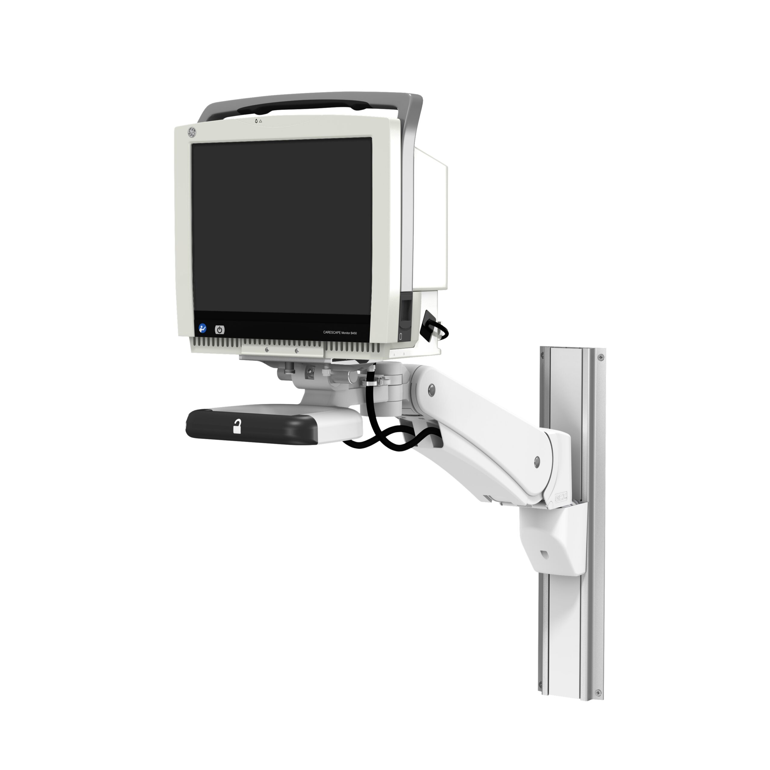 GE CARESCAPE Monitor B450 on VHM-PL Variable Height Arm Channel Mount with Vertical Position Lock