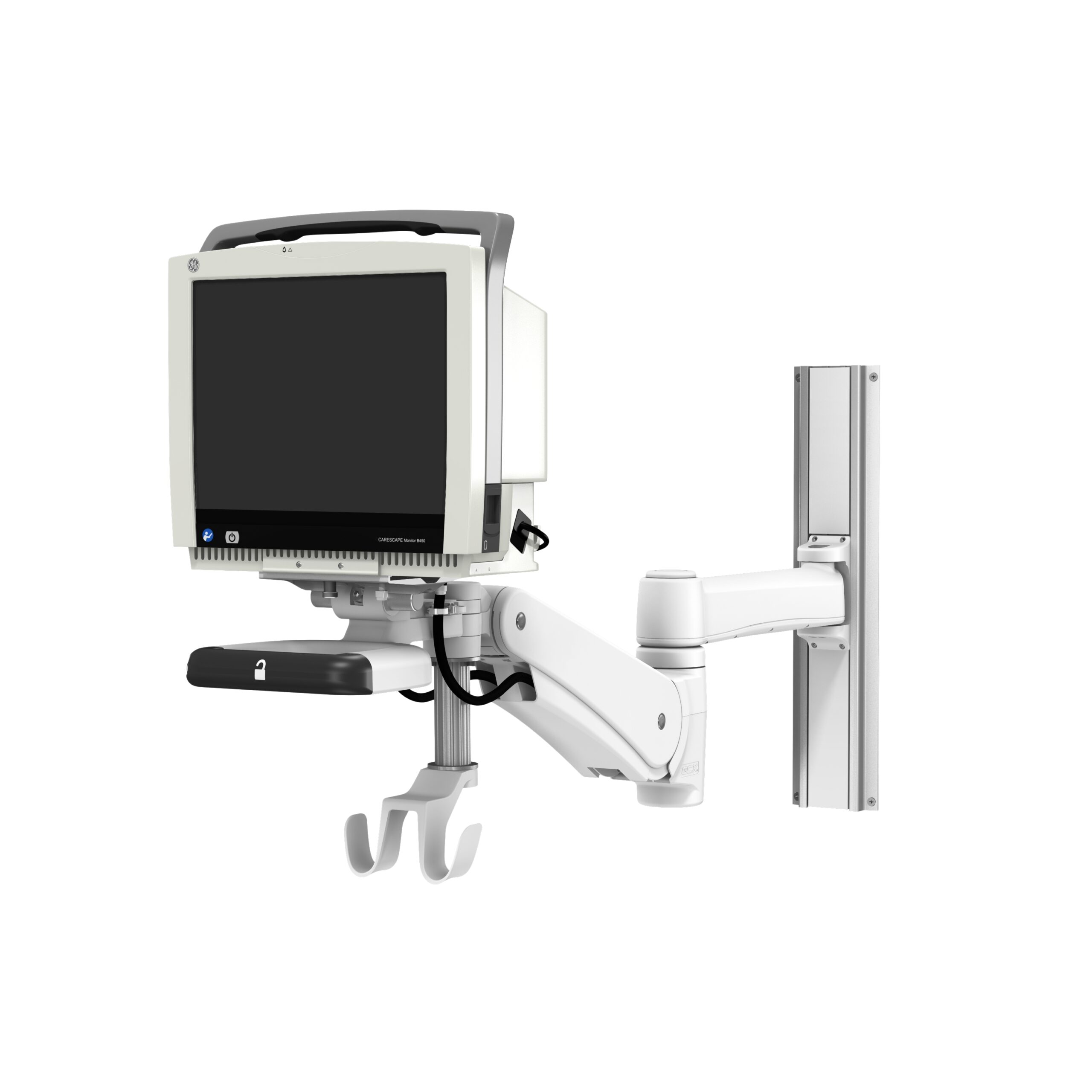 GE CARESCAPE Monitor B450 on VHM-PL Variable Height Arm Channel Mount with Vertical Position Lock with dual cable hooks and 14