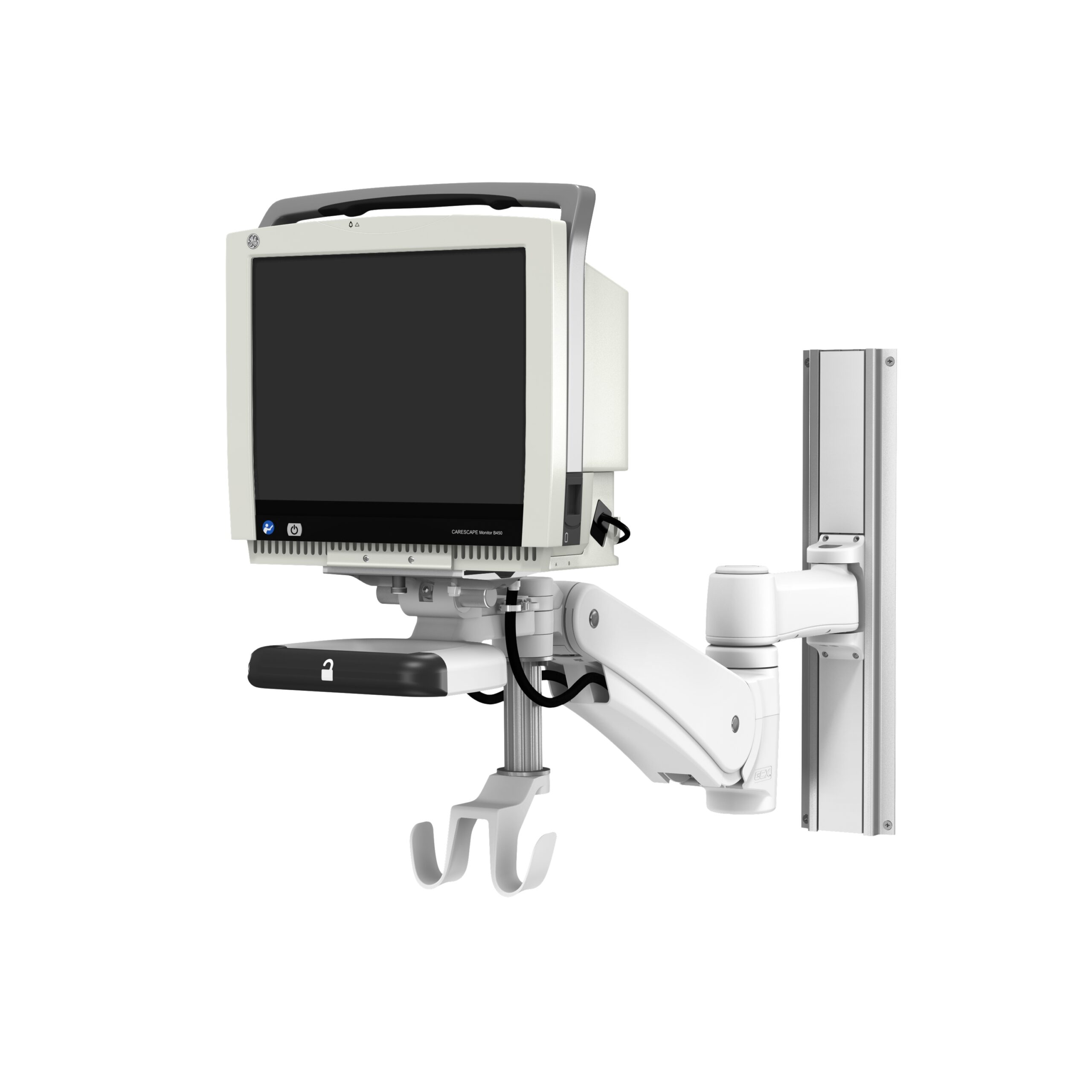GE CARESCAPE Monitor B450 on VHM-PL Variable Height Arm Channel Mount with Vertical Position Lock with dual cable hooks and 8