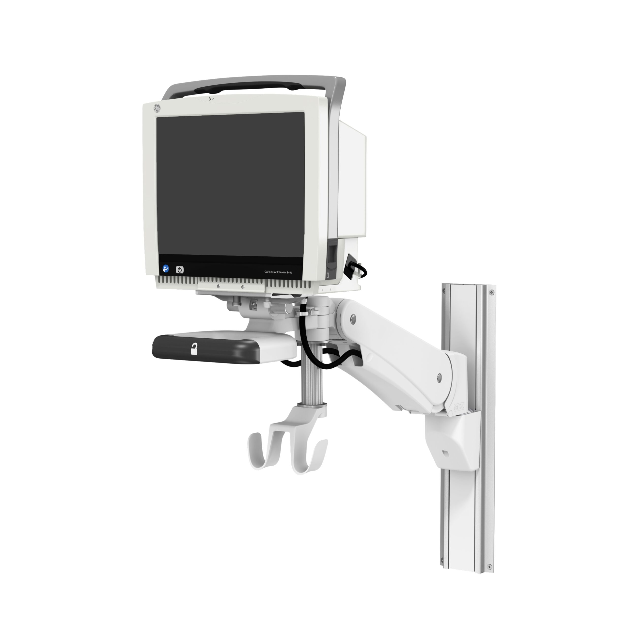 GE CARESCAPE Monitor B450 on VHM-PL Variable Height Arm Channel Mount with Vertical Position Lock with dual cable hooks